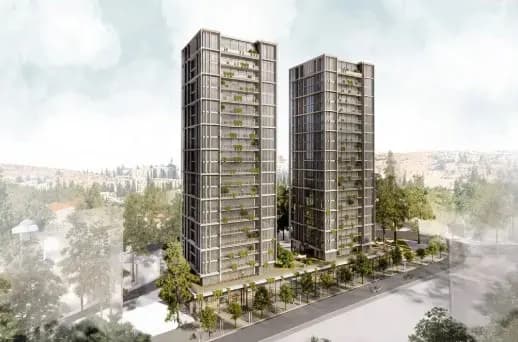 הדמיה של שני מגדלי מגורים בפרויקט ההתחדשות העירונית ברחוב נורית בעיר גנים בירושלים