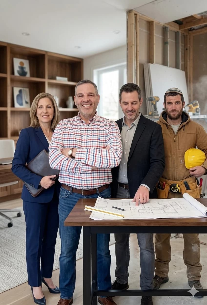 Jacki Wiluzanski with a team of an architect, a developer and a site manager over building plans