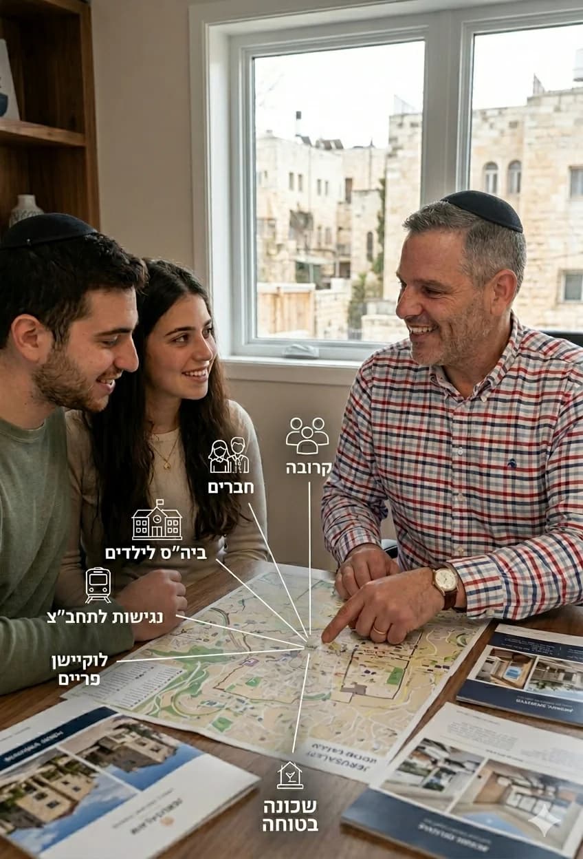 ג'קי ווילוזנסקי יושב עם זוג צעיר מעל מפת שכונה, ומסביר מה קרוב לדירה